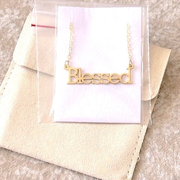 Brand New “Blessed” Gold Tone Word Necklace w/ Pouch - Picture 2 of 13